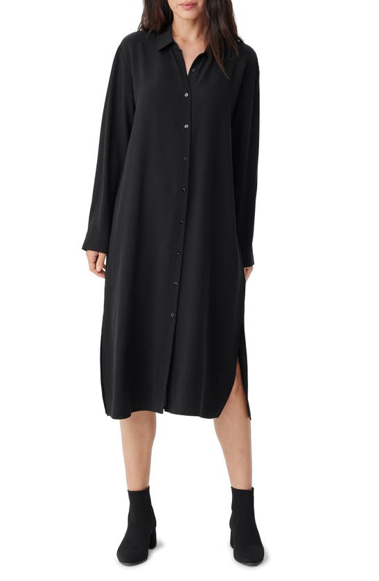 Eileen Fisher Spread Collar Long Sleeve Georgette Crepe Silk Shirtdress In  Black | ModeSens