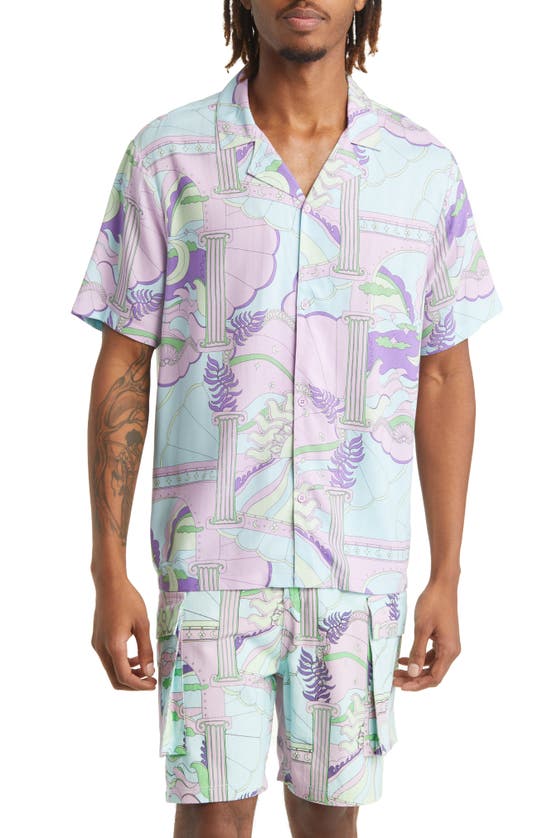 Native Youth Print Short Sleeve Button-up Camp Shirt In Purple