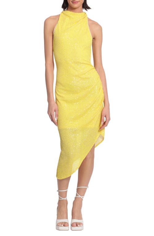 DONNA MORGAN FOR MAGGY Sequin Cowl Neck Asymmetric Hem Dress in Lemon