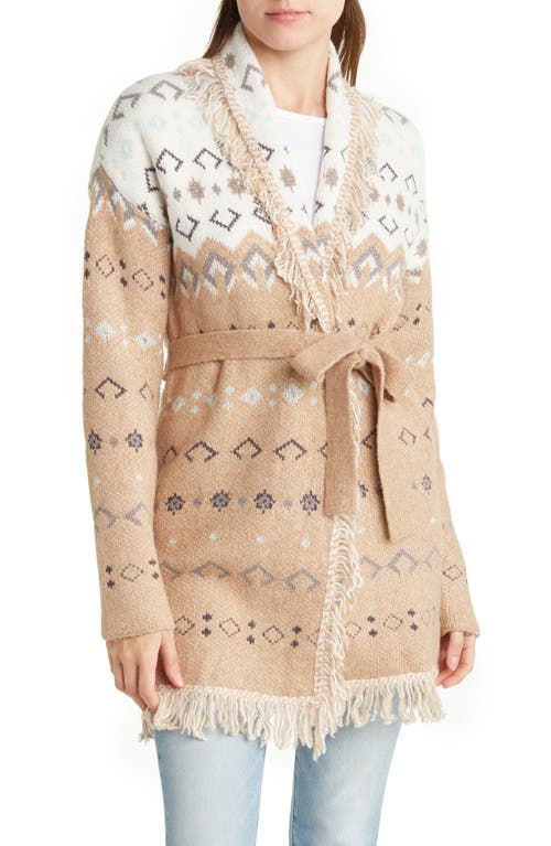 Lucky Brand Fringe Belted Cotton Blend Cardigan in Neutral Multi
