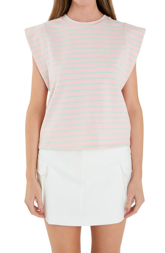 Shop English Factory Stripe Extended Shoulder T-shirt In Pink/ Mint