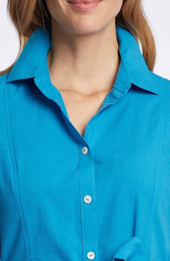 Shop Foxcroft Fiona Tie Waist Seersucker Shirtdress In True Blue