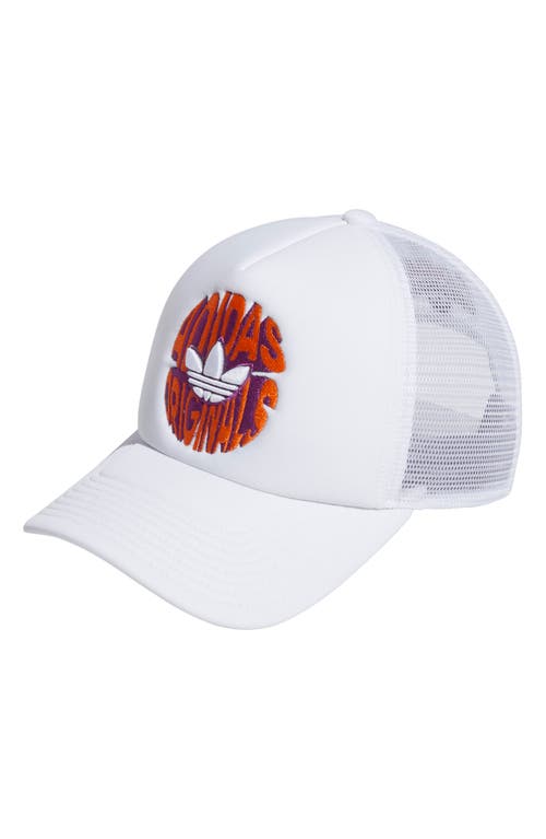 adidas Originals Trefoil Logo Trucker Hat in White/Orange/flash Pink