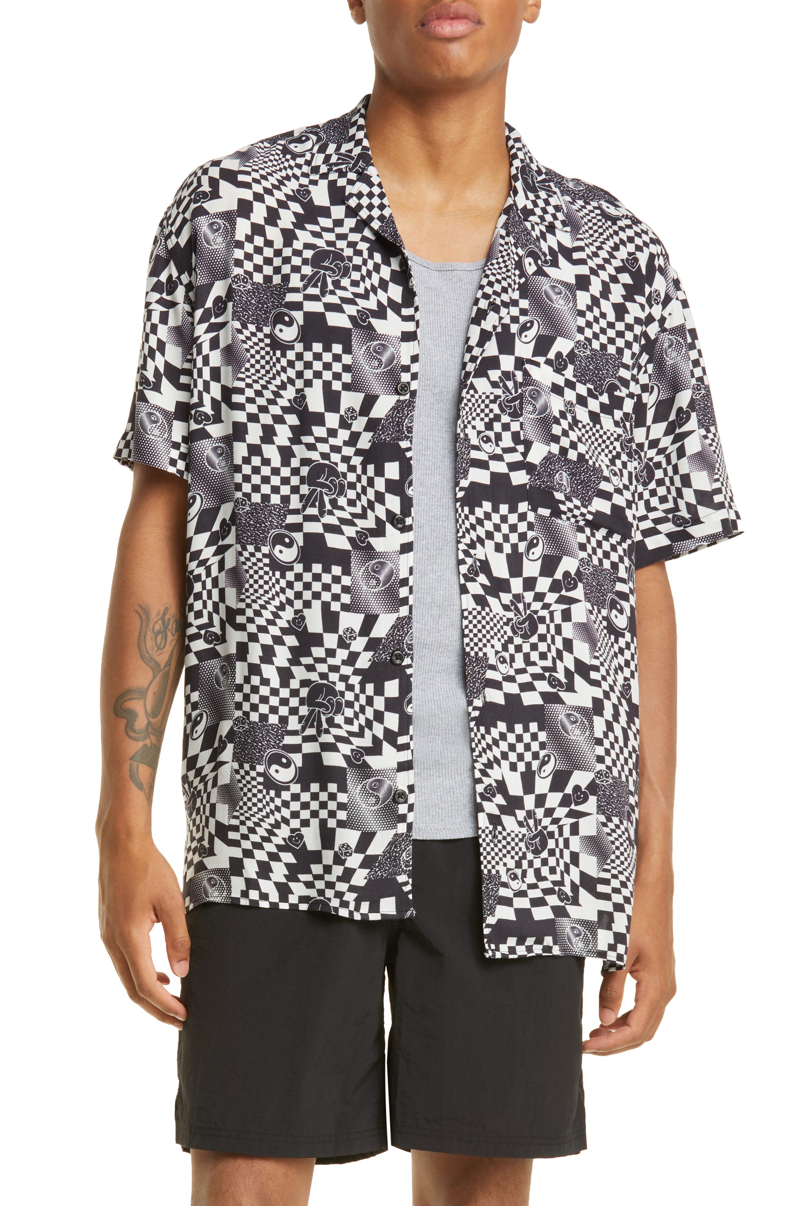 Mens Psychedelic Check Short Sleeve Button-Up Camp Shirt in Black Psychedilic Checker at Nordstrom Nordstrom Men Clothing Shirts Short sleeved Shirts 