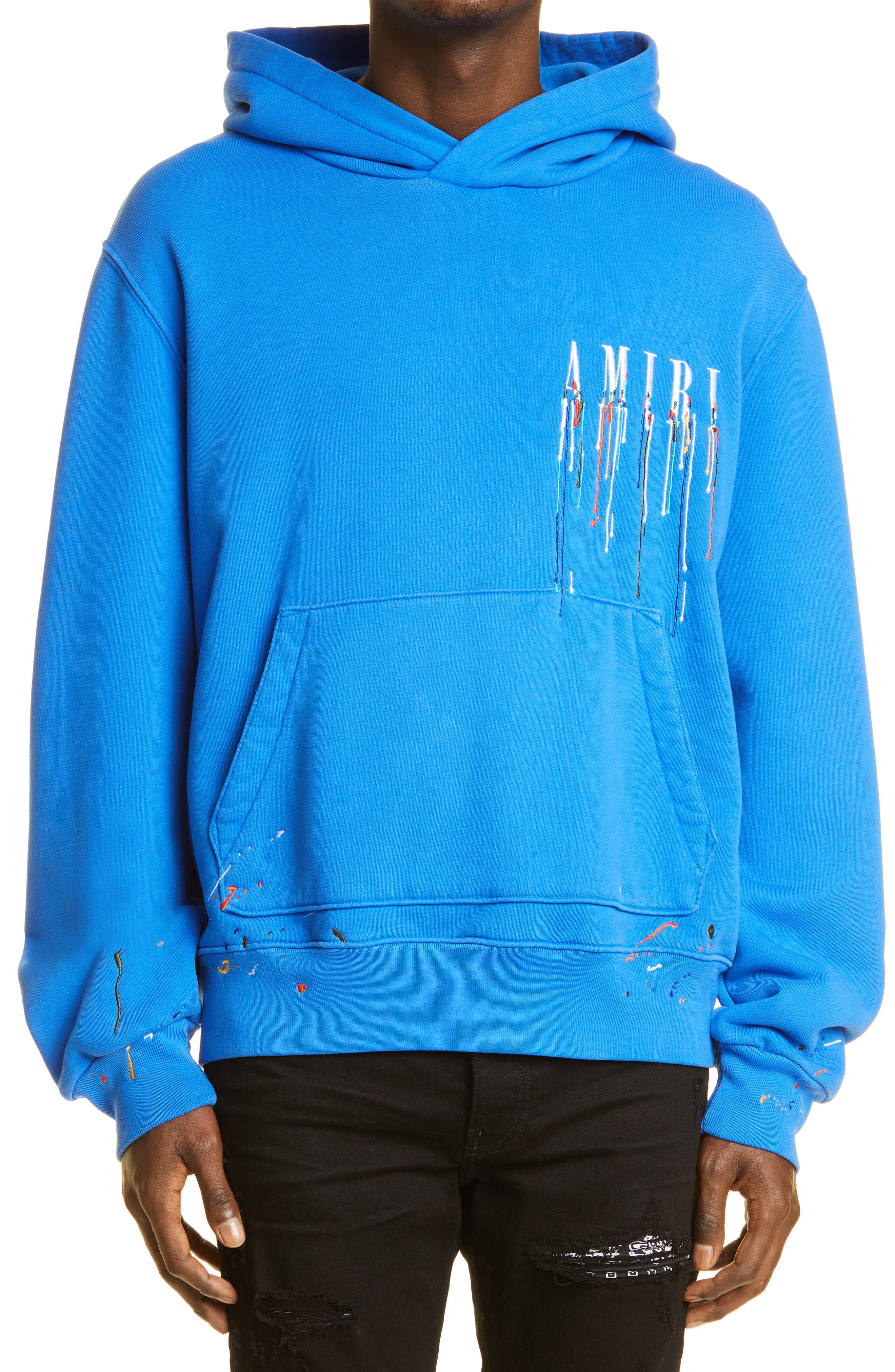 AMIRI Embroidered Paint Drip Core Logo Hoodie in Princess Blue/White at Nordstrom, Size Xx-Large