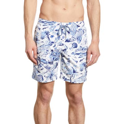 Bugatchi Beach Print Swim Trunks, White