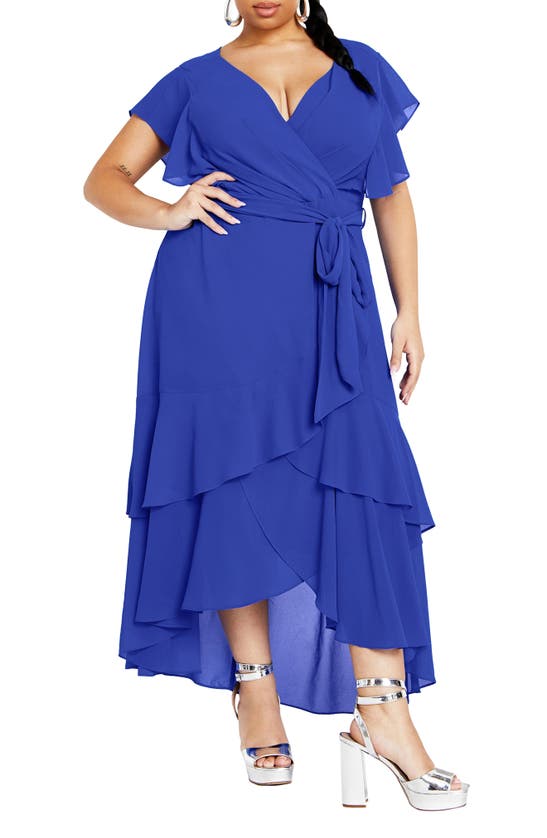 City Chic Ruffle Tie Waist Tiered High-low Maxi Dress In Ultra Blue
