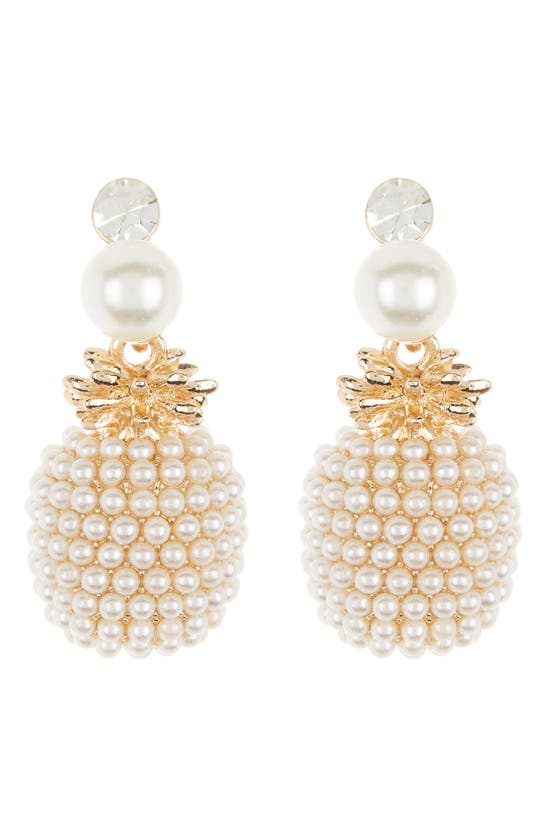 Eye Candy Los Angeles Pineapple Crystal & Imitation Pearl Drop Earrings In Gold