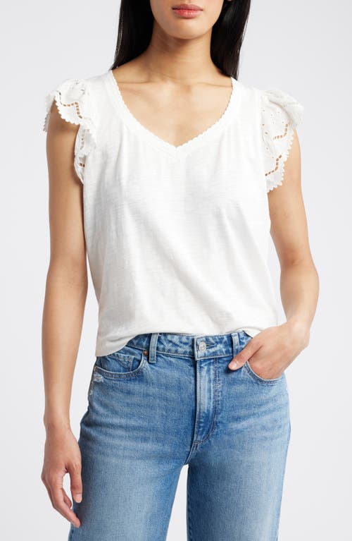 Eyelet Flutter Sleeve Jersey T-Shirt in Off White