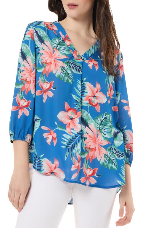 Floral Print Front Pleat Top in Blue Lagoon Multi