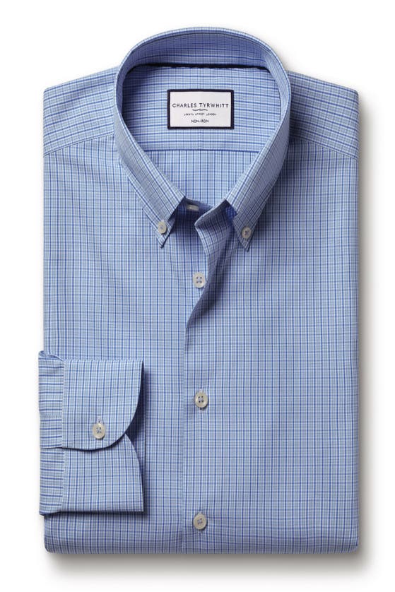 Shop Charles Tyrwhitt Check Non-iron Button-down Oxford Slim Fit Shirt Single Cuff In Cornflower Blue