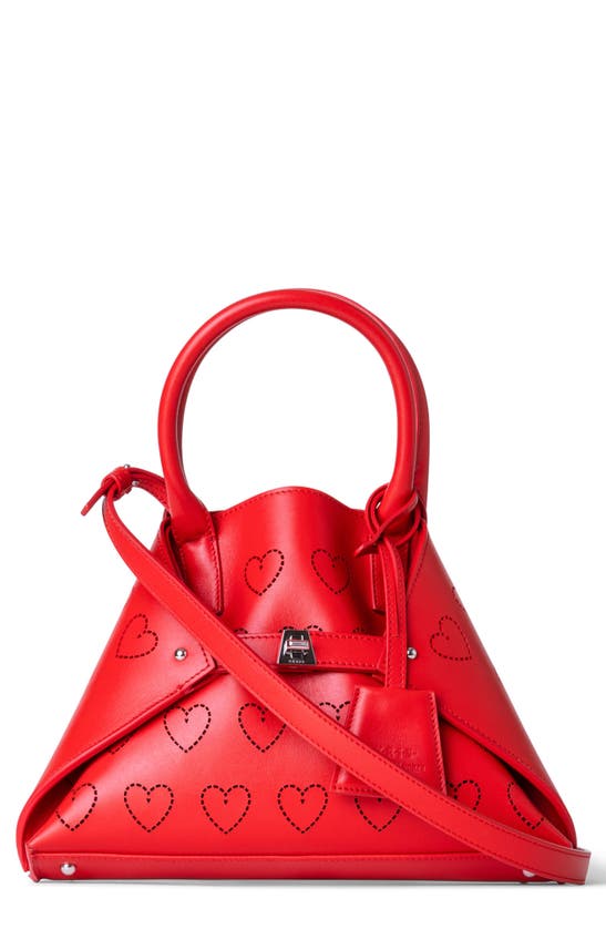 Akris Little Ai Heart Perforated Convertible Leather Tote In 206 Scarlet