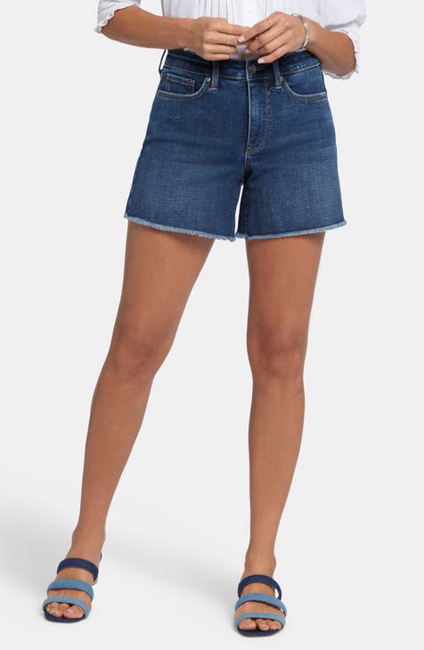 Frayed High Waist Mid Length A-Line Denim Shorts