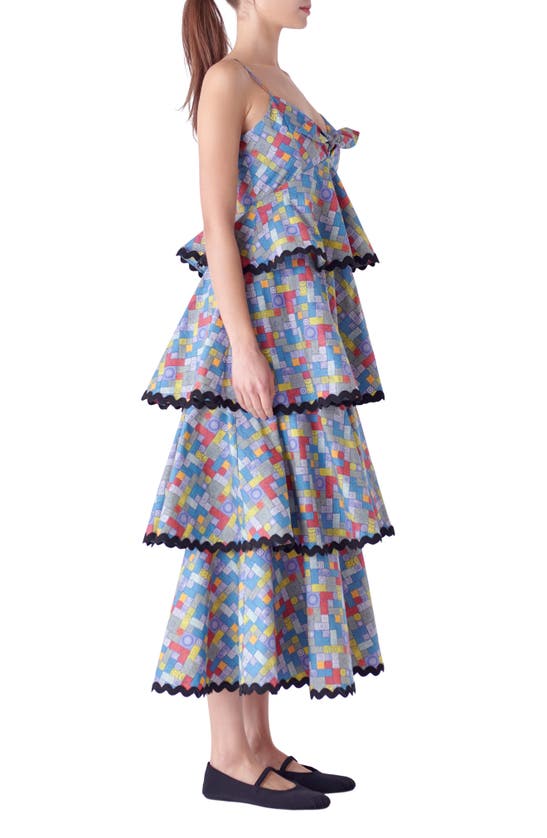 Shop English Factory Grid Print Tiered Maxi Dress In Blue Multi