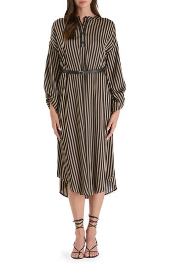 August Sky Stripe Balloon Sleeve Shirtdress In Taupe