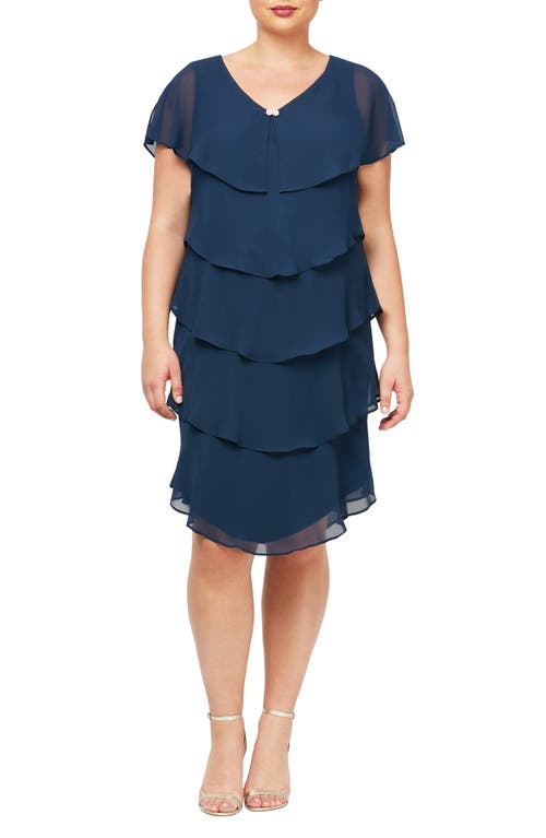 Pebble Georgette Tiered Dress in Navy