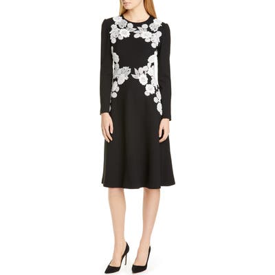 Lela Rose Lace Detail Long Sleeve Midi Dress, Black