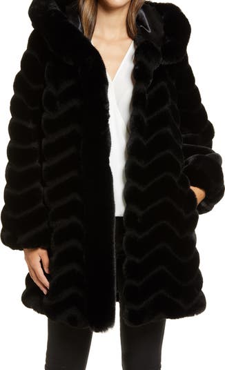 Grooved Faux Fur Hooded Jacket