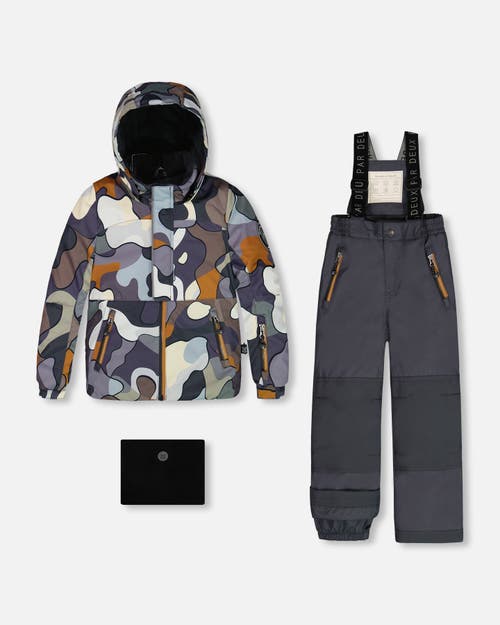 Shop Deux Par Deux Boy's Two Piece Snowsuit Solid Pant And Print Jacket Dark Gray Camo In Ebony