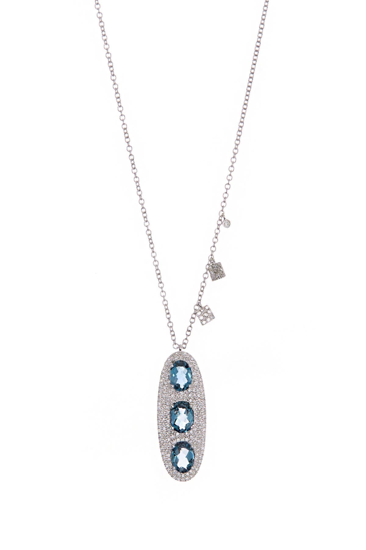 Meira T 14k White Gold Triple Blue Topaz & Pave Diamond Oval Pendant Necklace