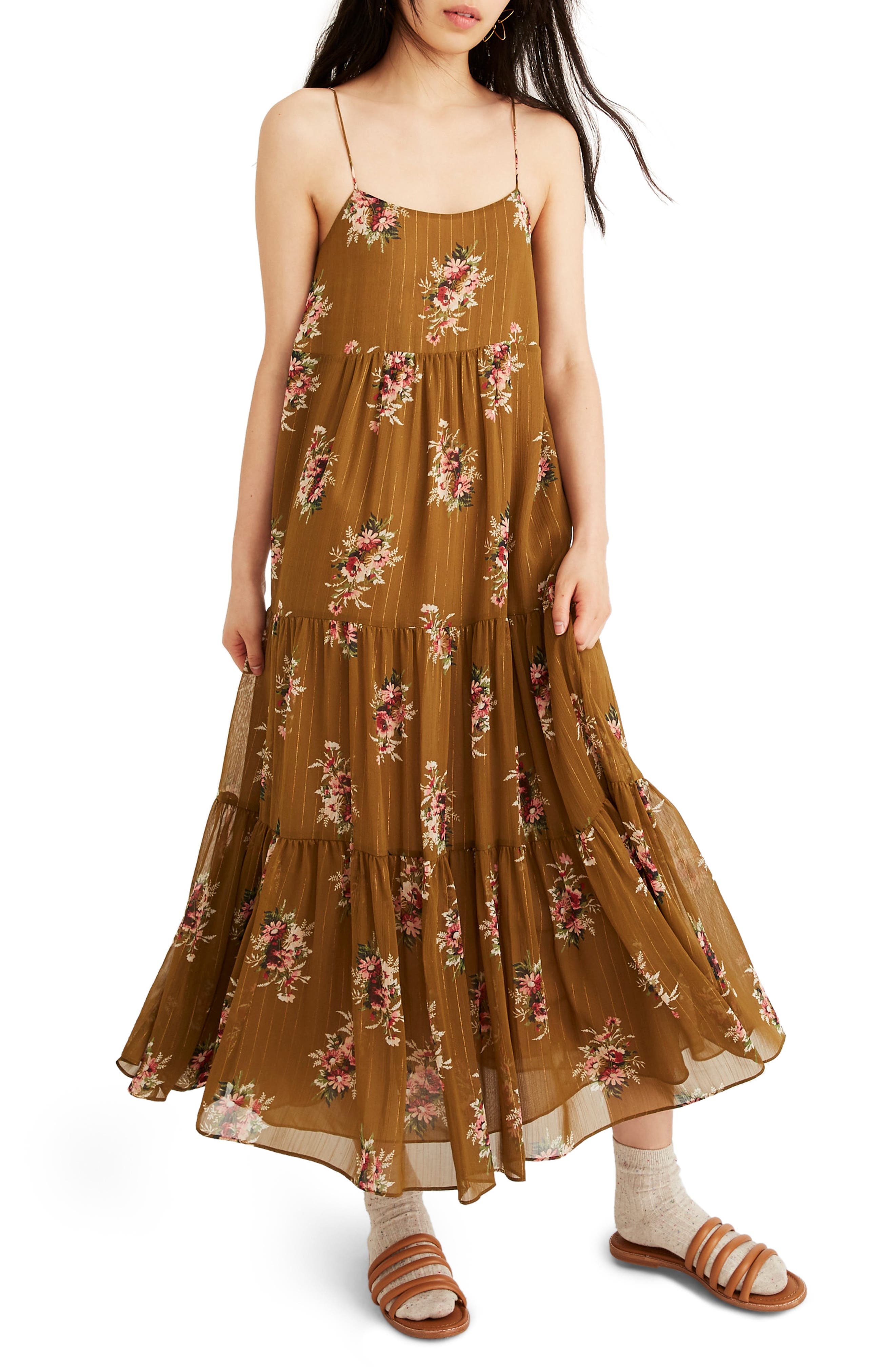 Madewell Metallic Corsage Tiered Midi Dress, Green
