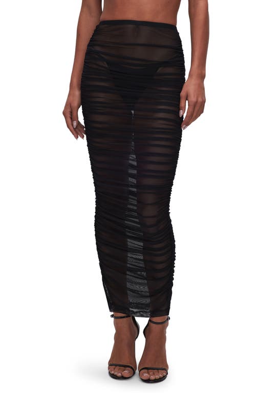 Good American Ruched Mesh Cover-Up Maxi Skirt in Black001