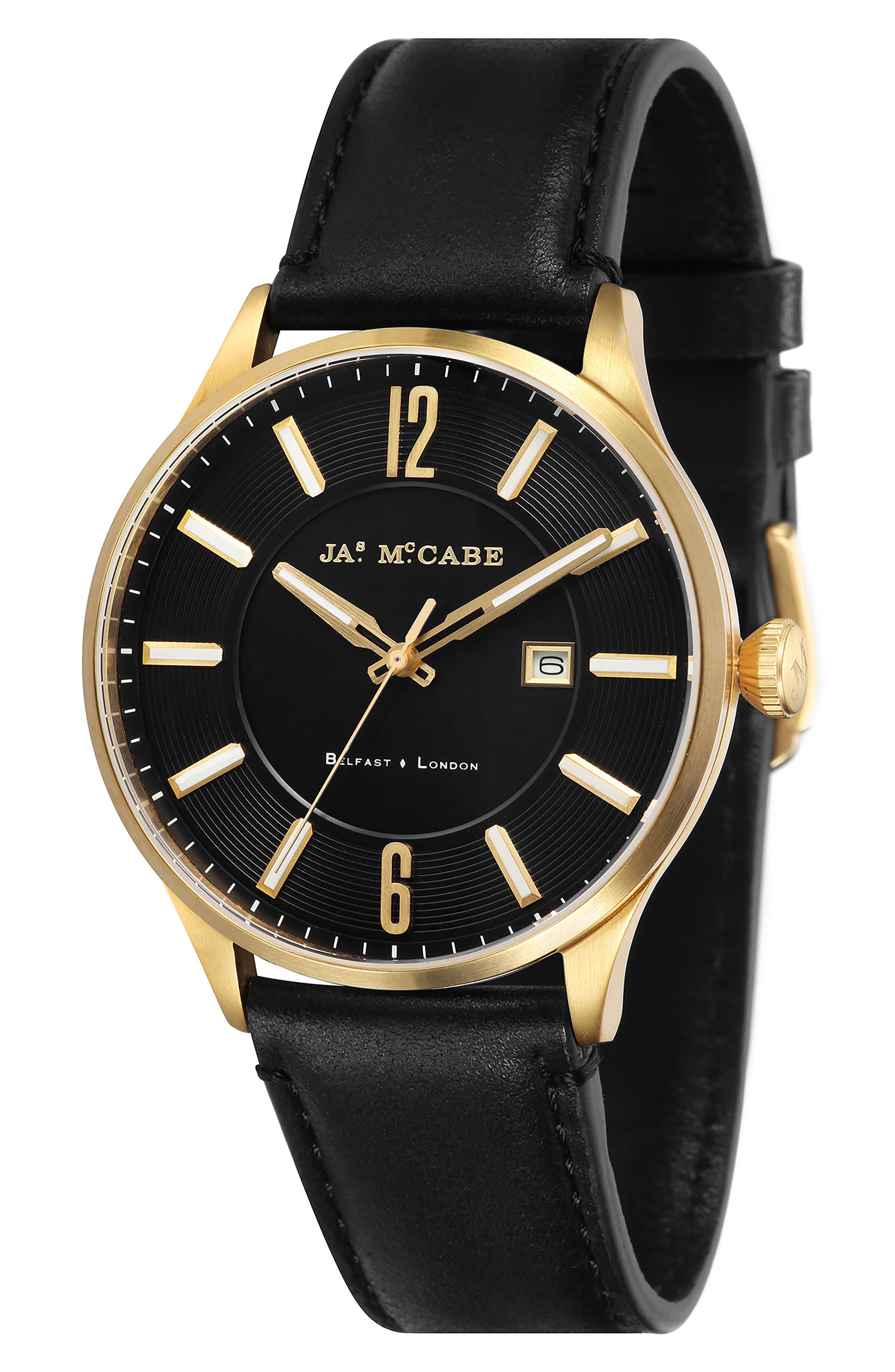 James McCabe New Belfast Slim Leather Strap Watch, 44mm Nordstrom