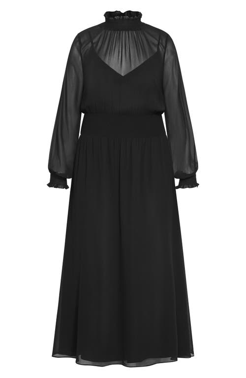 City Chic Portobello Rd Long Sleeve Sheer Mesh Overlay Maxi Dress In Black