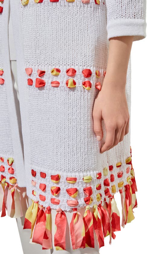 Shop Ming Wang Fringe Detail Long Cardigan In White/flamenco/pale Marigold