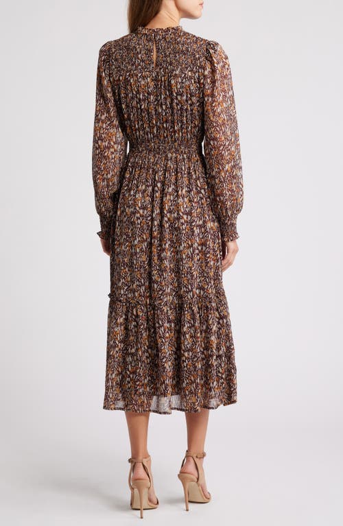 Mila Mae Smocked Tiered Long Sleeve Midi Dress In Wine Multi