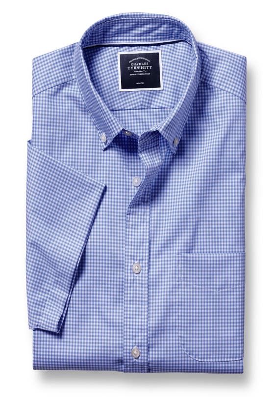 Shop Charles Tyrwhitt Slim Fit Button-down Collar Non-iron Stretch Mini Gingham Short Sleeve Shirt In Ocean Blue