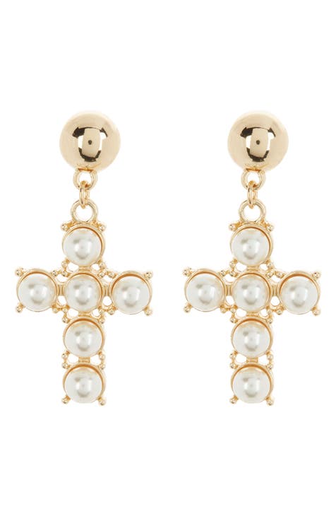 Imitation Pearl Cross Drop Earrings