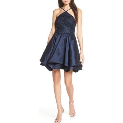 Sequin Hearts Stretch Taffeta & Lace Halter Neck Party Dress, Blue