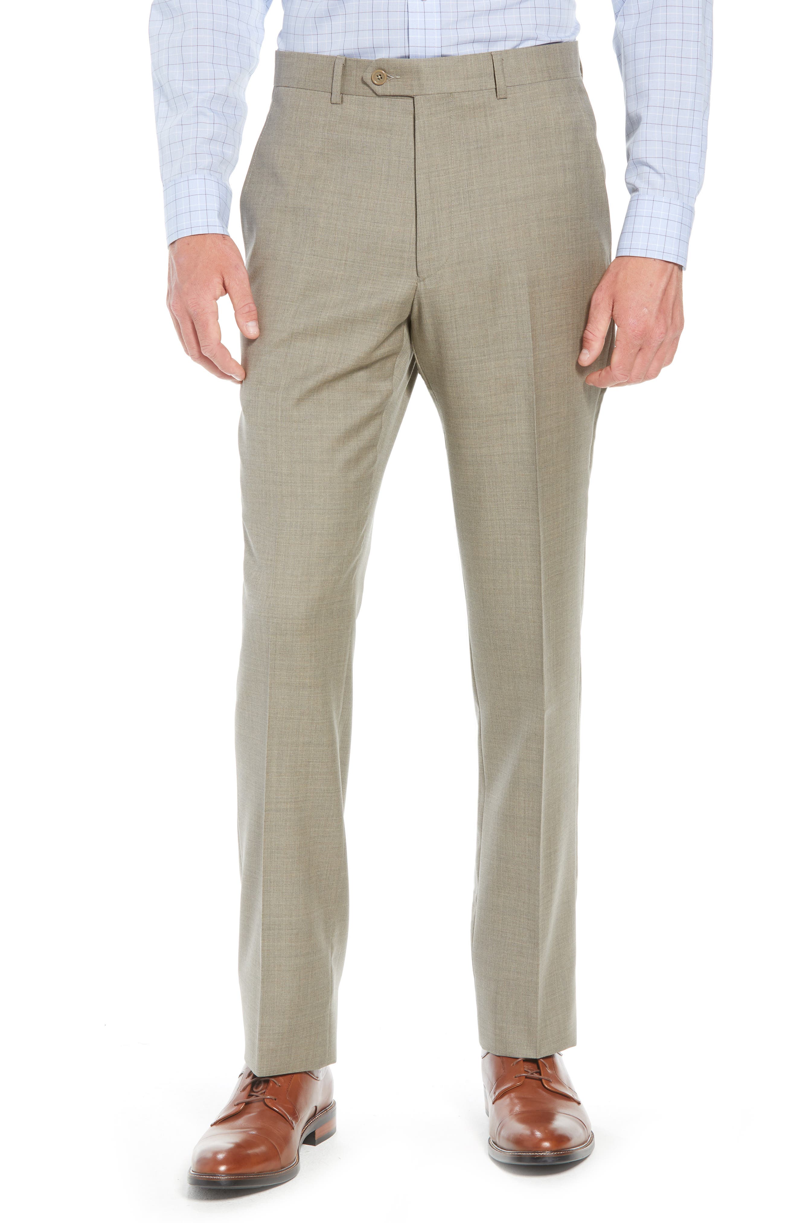 Santorelli Luxury Flat Front Wool Trousers In Taupe