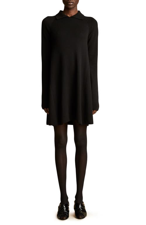 Khaite Emory Long Sleeve Stretch Wool Shift Dress in Black