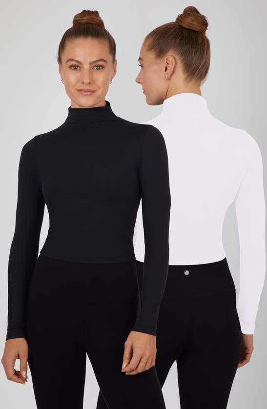Yogalicious Zenly Evelyn Set Of 2 Funnel Neck Long Sleeve Crop Tops In White/ Black