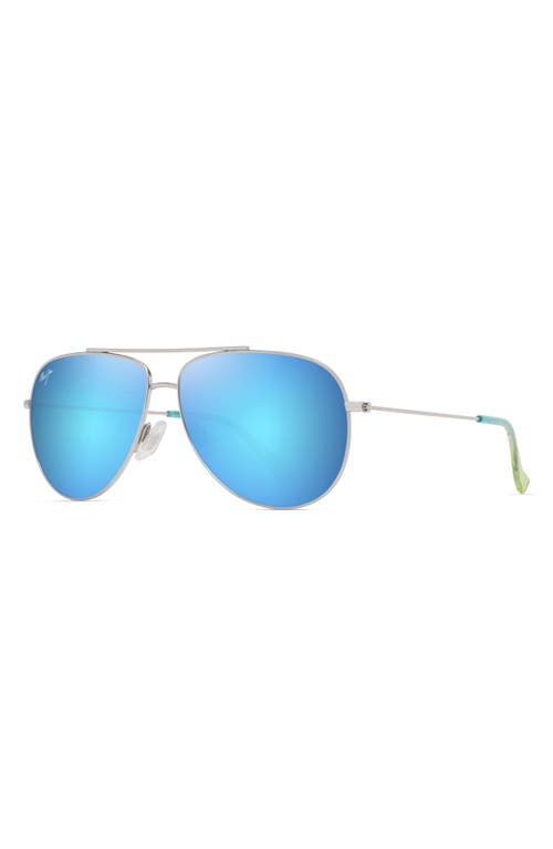 Maui Jim Hauoli 59mm Polarized Aviator Sunglasses In Shiny Silver Blue Green