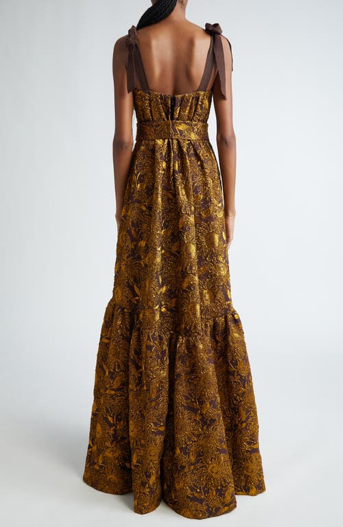 Shop Lela Rose Sunflower Brocade Gown In Chestnut/gold