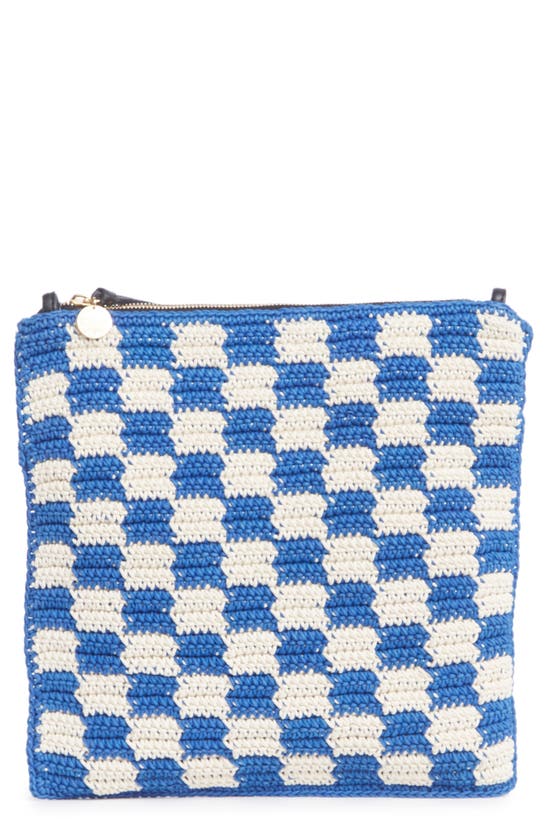 Shop Clare V Crochet Cotton Foldover Clutch In Cobalt/ Cream Crochet Checker