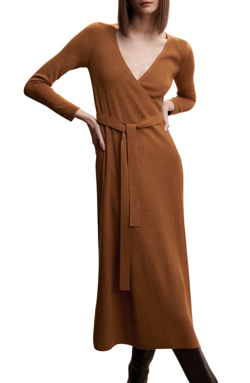 MANGO Long Sleeve Faux Wrap Sweater Dress in Tobacco Brown