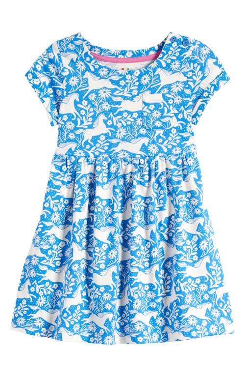 Mini Boden Kids' Print Cotton Jersey Dress Peacock Plume Blue Horses at Nordstrom,