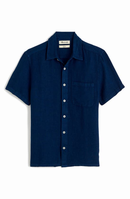 Shop Madewell Easy Linen Short-sleeve Button-up Shirt In Dark Blue Wash
