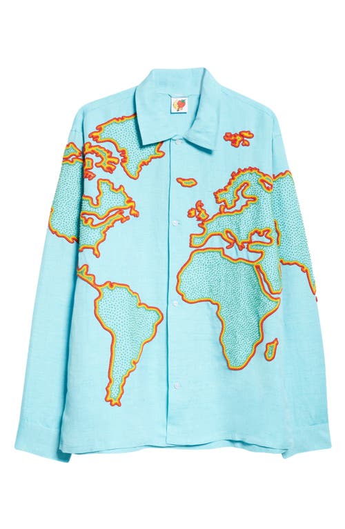 Gender Inclusive Beaded World Map Linen Blend Button-Up Shirt in Blue