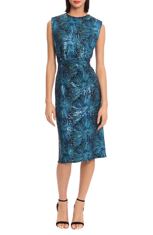 DONNA MORGAN FOR MAGGY Sequin Strong Shoulder Sheath Dress in Blue Multi