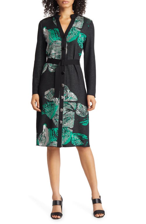 Ming Wang Botanical Belted Long Sleeve Button-Up Dress in Black/Ivy/Mink/Ivory
