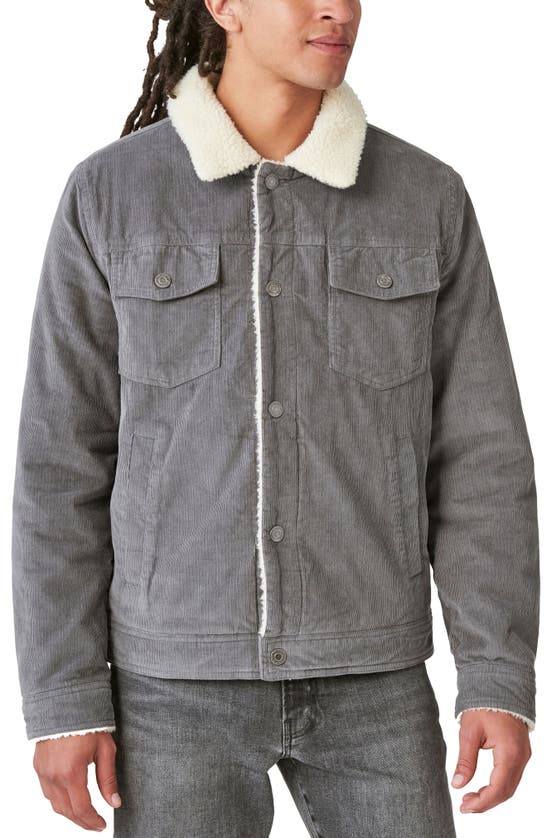 Lucky Brand Kenton Corduroy Faux Shearling Lined Trucker Jacket In Grey