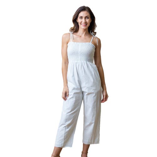 Hope & Henry Womens' Smocked Button Front Jumpsuit In Classic Blue Ticking Stripe