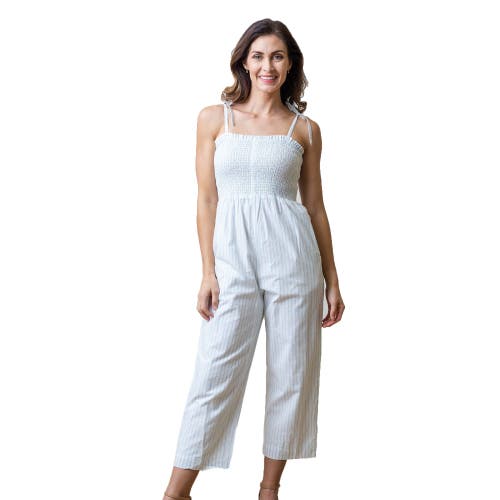 Hope & Henry Womens' Smocked Button Front Jumpsuit in Classic Blue Ticking Stripe at Nordstrom