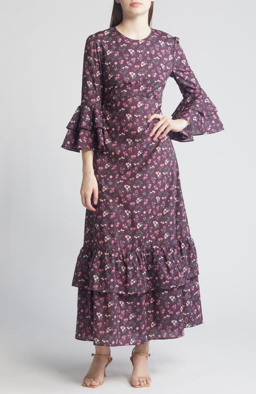 Gala Floral Tiered Cotton Maxi Dress in Aubergine