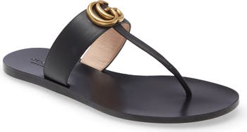 Black Leather Thong Sandal With Double G